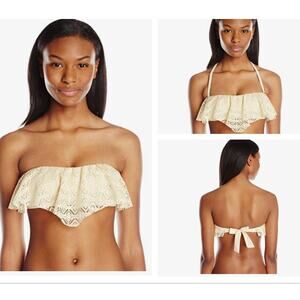 Reef Beige Eyelet Lace Summer Breeze Ruffle Bandeau Bikini Swimsuit Top M Medium